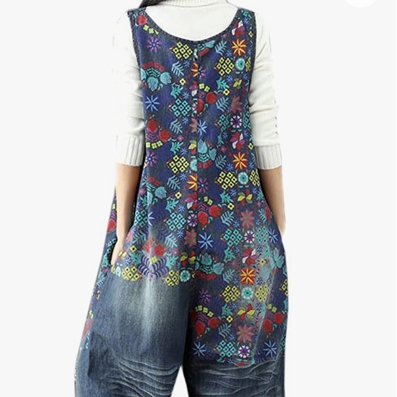 Flygo Women's Floral Printed Wide Leg Distressed Bib Denim Overalls Jumpsuits - Picture 3 of 16